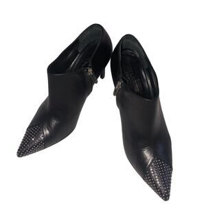 YSL SAINT LAURENT Ankle Boots Studded Cap Toe Leather 37.5 Silver Stud Stiletto